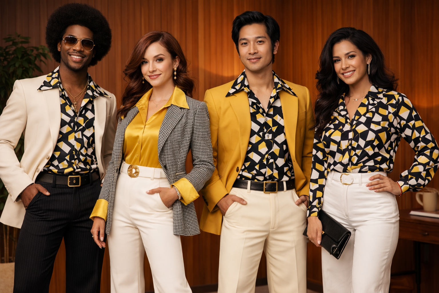 Four toastmasters dressed in 1970s professional attire • Bell-bottom slacks • Wide-collar shirts • Bold geometric patterns