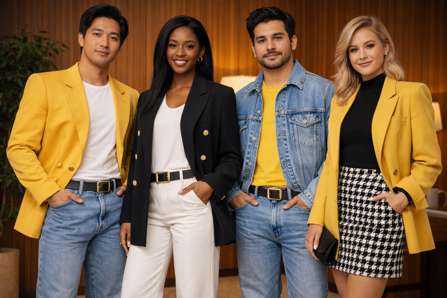 Four toastmasters dressed in 1990s professional attire • Oversized power blazers • Denim-on-denim styling • Preppy minimalist looks
